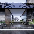 Serene Garden Landscape With Lush Trees Water Features And Modern Architecture