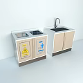 Laboratory Light Wooden Workstations With Two Countertops Sink Faucet Biohazard Sign And Recycling Symbol