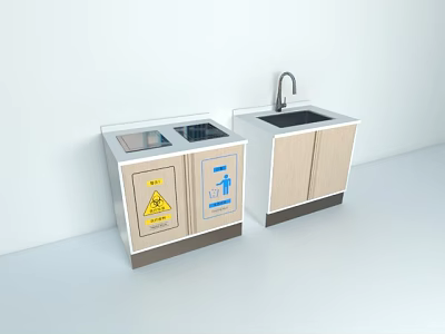 Laboratory Light Wooden Workstations With Two Countertops Sink Faucet Biohazard Sign And Recycling Symbol 3d model