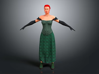 Woman with red hair wearing green corset and long dress with black gloves 3d model