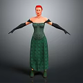 Woman with red hair wearing green corset and long dress with black gloves