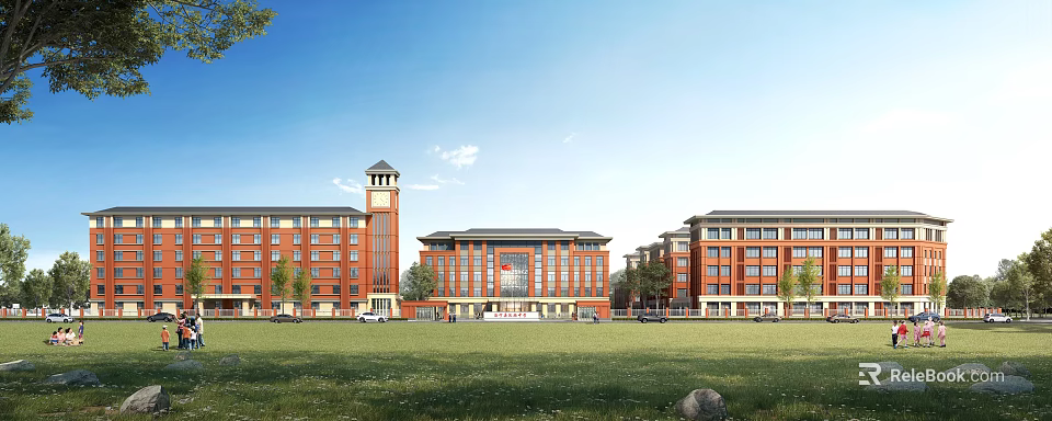 Traditional Red Brick School Building With Clock Tower Green Lawn And Large Windows 3d model 