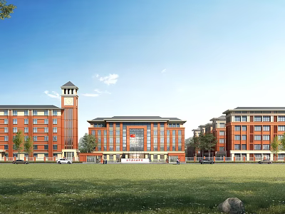 Traditional Red Brick School Building With Clock Tower Green Lawn And Large Windows 3d model