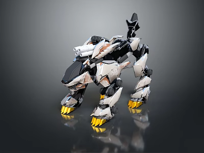 Robotic Beast Character And Mechanical Creature With White Black Armor Yellow Claws And Detailed Design 3d model