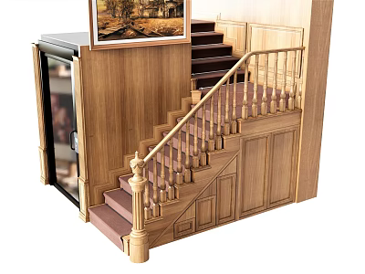 Interior Design Featuring Wooden Staircase with Carved Handrail Carpeted Steps and Wall Artwork 3d model