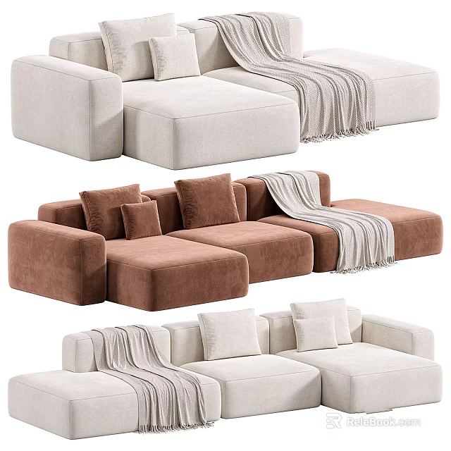 Different Colored Modular Sofas With Throw Blanket And Cushions For Interior Design 3d model 