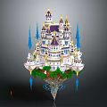 Cartoon Fantasy Floating Castle With Purple Gold Towers Blue Spires And Green Vegetation