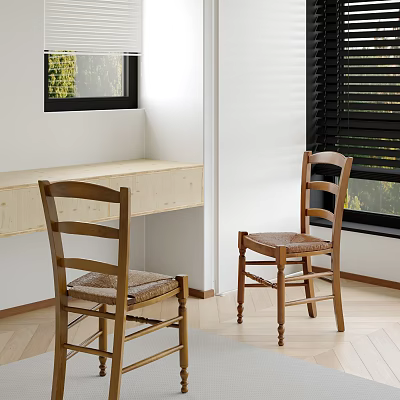 Wooden Dining Chairs with Ladder Back Design and Woven Seats in Bright Room With Window 3d model
