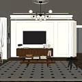 Modern Living Dining Room Interior With Wooden TV Cabinet Spherical Pendant Light And Patterned Rug