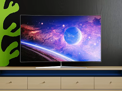 Modern Television With Stunning Space Earth Screen On Wooden TV Stand With Green Decorative Plant 3d model