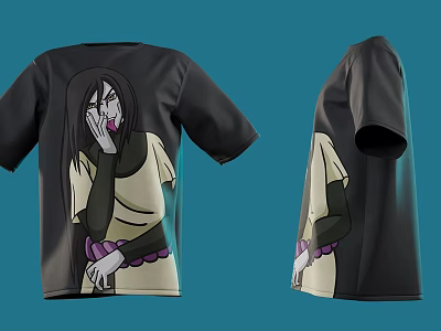 Black Short Sleeve T-shirt With Long Hair Cartoon Character Graphic Print 3d model