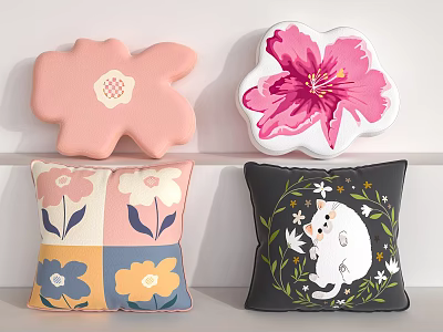 Flower Shaped and Floral Pattern Decorative Pillows with Animal and Leaf Designs 3d model