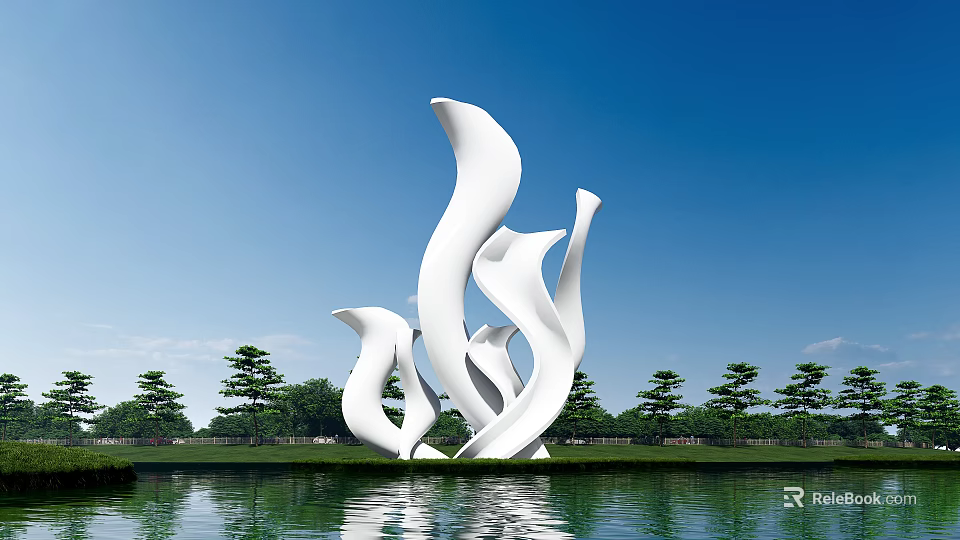 White Fluid Spirit Fortress Sculpture With Blue Sky Green Lawn And Water Reflection 3d model 