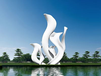White Fluid Spirit Fortress Sculpture With Blue Sky Green Lawn And Water Reflection 3d model