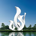 White Fluid Spirit Fortress Sculpture With Blue Sky Green Lawn And Water Reflection
