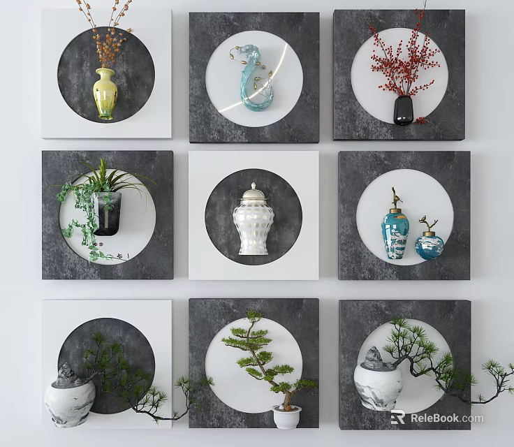 Stylish Wall Decor With Circular Frames Featuring Vases Plants And Ornaments 3d model