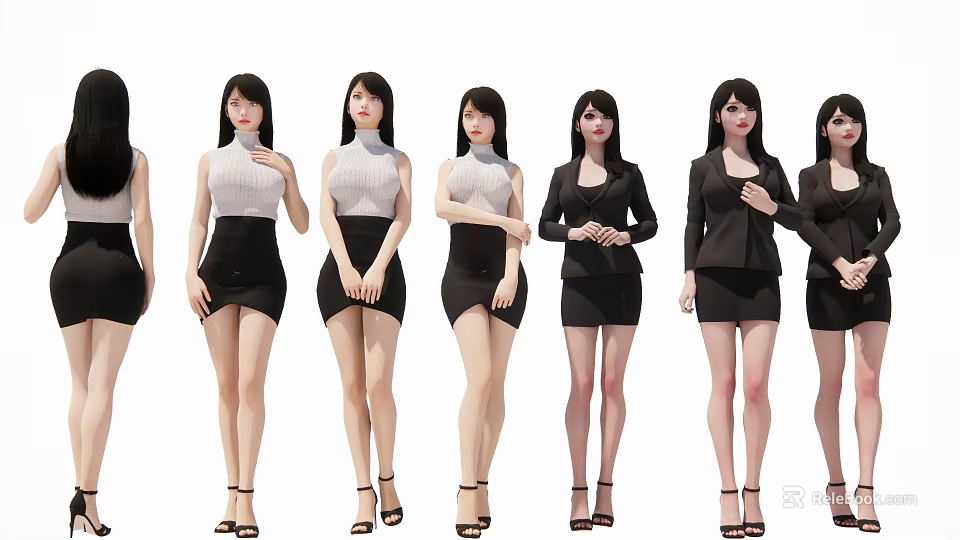 Group of Women Standing in Different Fashionable Outfits With High Heels and Poses 3d model 