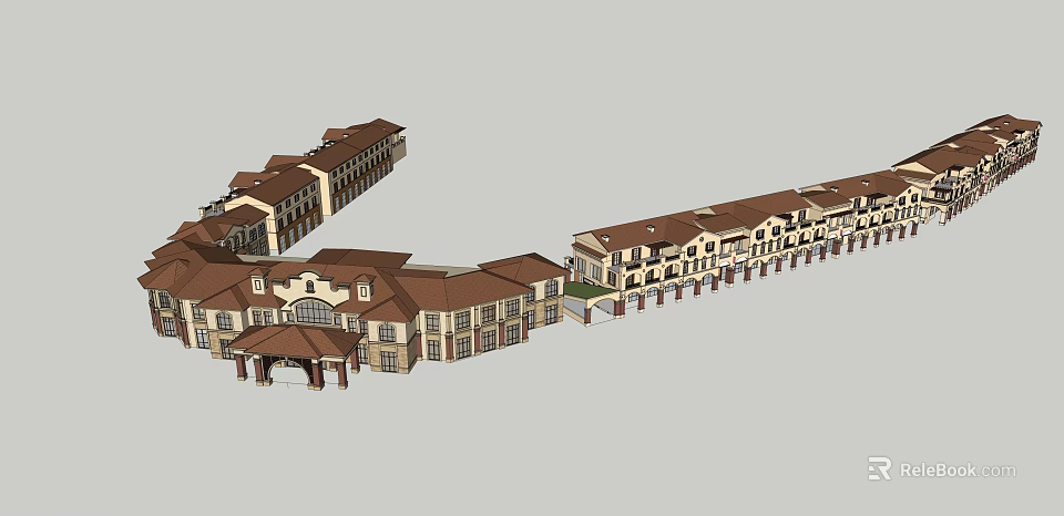 Commercial Complex Exterior Design With Connected Buildings Sloped Roofs And Multiple Windows 3d model