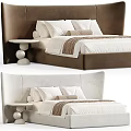 Modern Upholstered Double Bed with Tall Headboard White Sheets Brown Striped Accents and Round Nightstand
