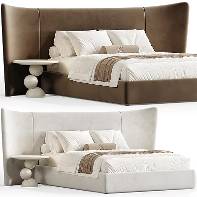 Modern Upholstered Double Bed with Tall Headboard White Sheets Brown Striped Accents and Round Nightstand 3d model