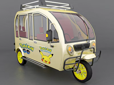 Pikachu Themed Tricycle Vehicle With Yellow Wheels And Pokémon Graphics 3d model