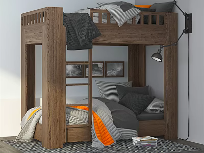 Cozy Wooden Bunk Bed With Lower Bunk Gray Orange Striped Blankets Pillows Wall Art And Lamp 3d model