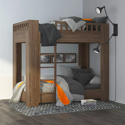 Cozy Wooden Bunk Bed With Lower Bunk Gray Orange Striped Blankets Pillows Wall Art And Lamp 3d model