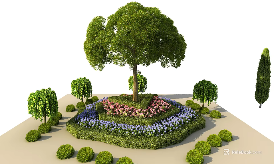 Colorful Garden Flowers and Green Bushes Surrounding Central Tree in Circular Bed 3d model 