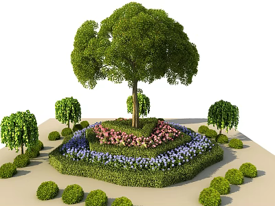 Colorful Garden Flowers and Green Bushes Surrounding Central Tree in Circular Bed 3d model