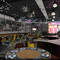 Modern Restaurant Interior Design With Cherry Blossom Decor Seating Area And Yellow Chairs