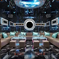 Modern Tech Style KTV Lobby With Blue Lighting Circular Screens Marble Floor Sofa Bar Counter