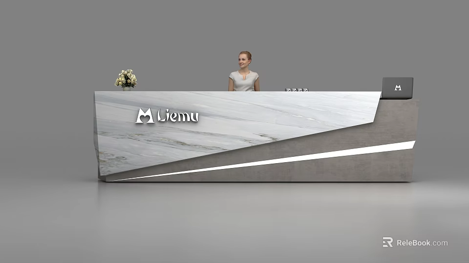Modern Reception Desk With Marble Top Liemu Brand Logo Receptionist And Decorative Vase 3d model 