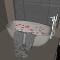 Modern White Bathroom Bathtub with Petals Towels Faucet and Window Blinds