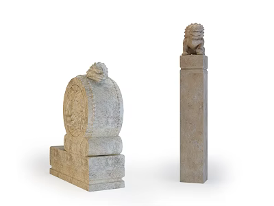 Traditional Stone Garden Ornaments With Lion Carving On Drum Base And Pillar Top 3d model