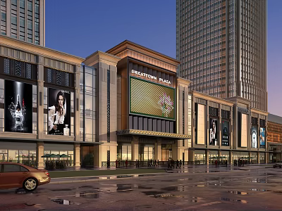 Modern Evening Commercial Street With Tall Buildings Glass Curtain Walls Advertisement Billboards Pedestrians And Cars 3d model