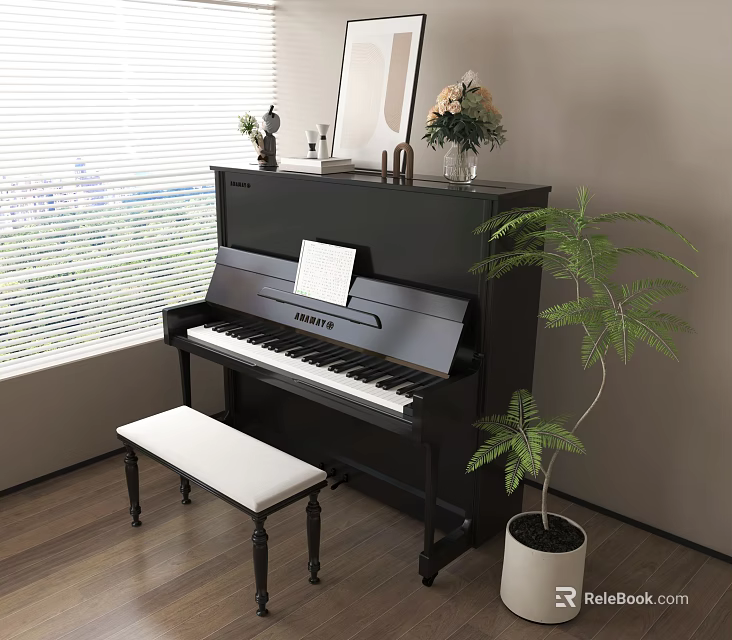 Elegant Black Piano Art Supplies Setup With Music Sheet White Bench Green Plant Near Window 3d model 