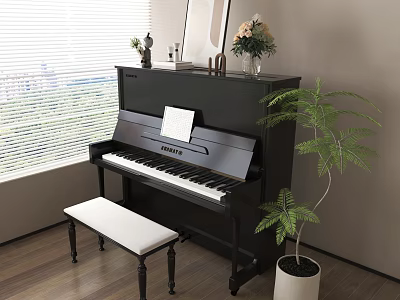 Elegant Black Piano Art Supplies Setup With Music Sheet White Bench Green Plant Near Window 3d model