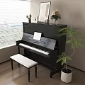 Elegant Black Piano Art Supplies Setup With Music Sheet White Bench Green Plant Near Window