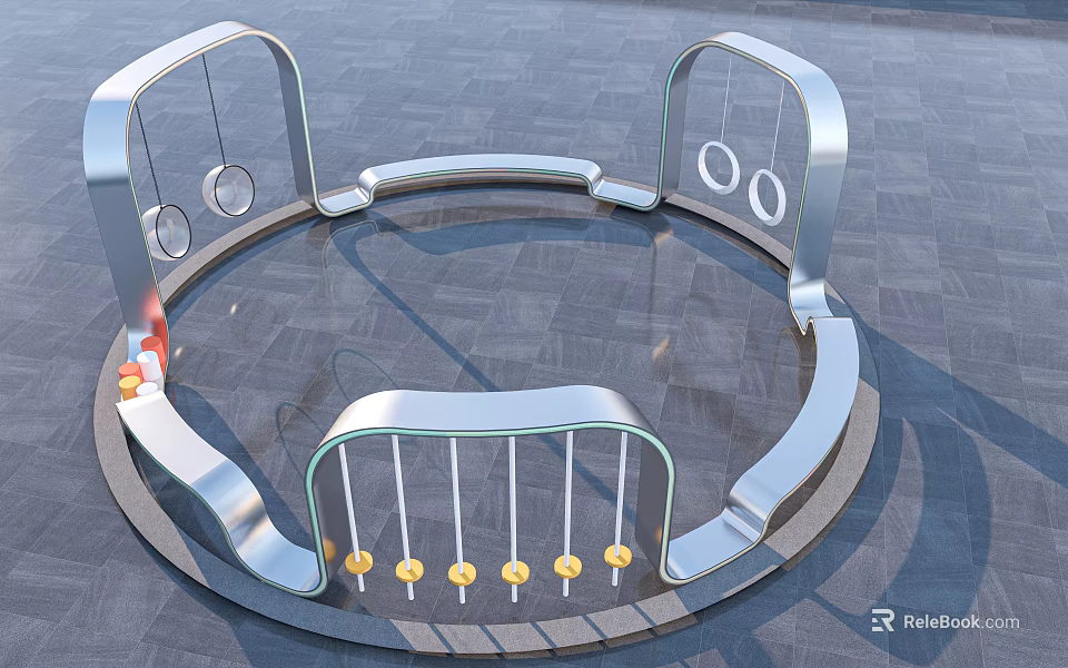 Stylish Garden Ornament Design With Circular Silver Metal Frame Decorative Rings And Yellow Accents 3d model 