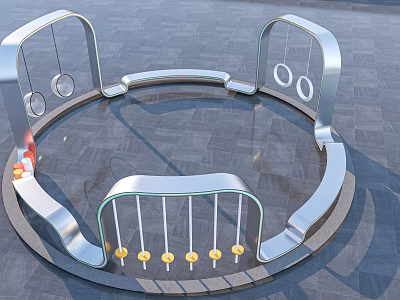 Stylish Garden Ornament Design With Circular Silver Metal Frame Decorative Rings And Yellow Accents 3d model