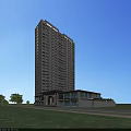 Tall Modern Residential Building With Glass Windows Surrounded By Trees And Urban Skyline