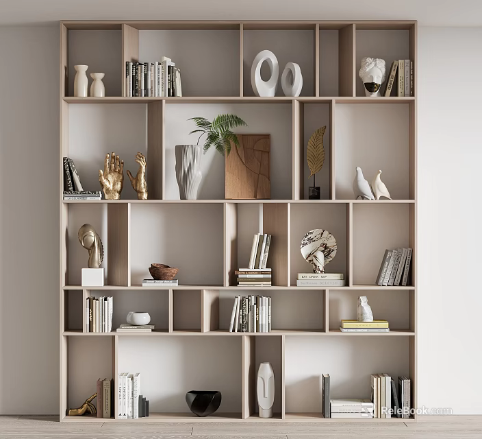 Modern Wooden Shelf Unit With Open Compartments Books Decorative Sculptures And Potted Plant 3d model 