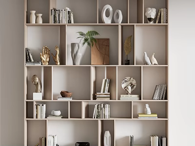 Modern Wooden Shelf Unit With Open Compartments Books Decorative Sculptures And Potted Plant 3d model
