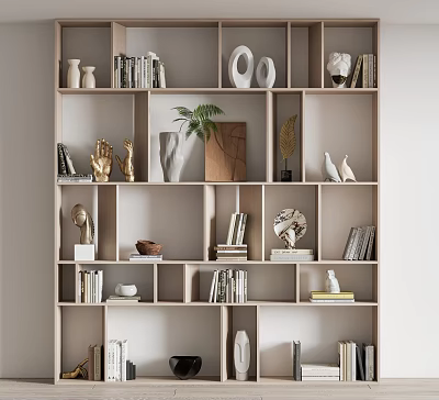 Modern Wooden Shelf Unit With Open Compartments Books Decorative Sculptures And Potted Plant 3d model