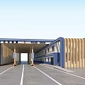 Chinese Style Gateway Entrance With Blue Gold Accents Pillars And Traffic Barriers