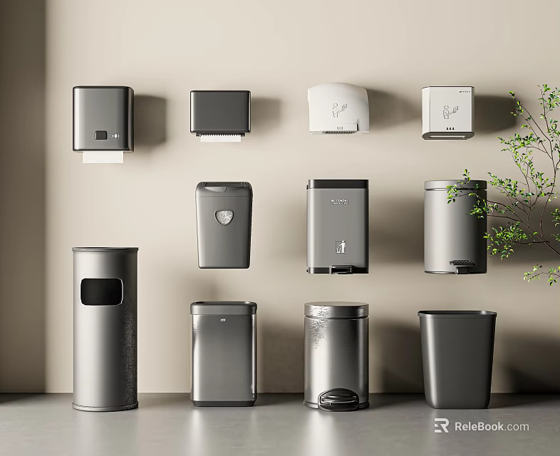 Silver Wall Mounted Bathroom Household Essentials Including Tissue Boxes Soap Dispensers And Trash Bins 3d model 