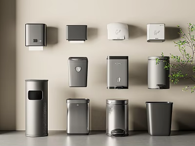 Silver Wall Mounted Bathroom Household Essentials Including Tissue Boxes Soap Dispensers And Trash Bins 3d model