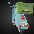 Light Blue Classic Scooter With Green Box On Rear Seat And White Wheels