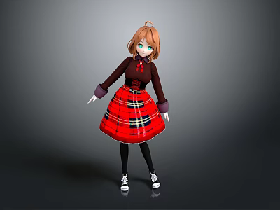 Anime Style Game Character With Orange Hair Red Plaid Skirt And Blue Eyes 3d model