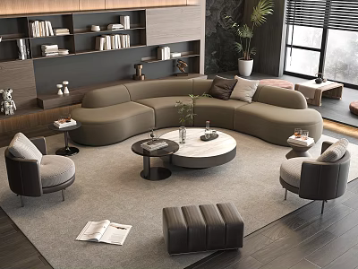 Modern Curved Sofa and Round Coffee Table in Living Room With Armchairs Ottoman and Rug 3d model